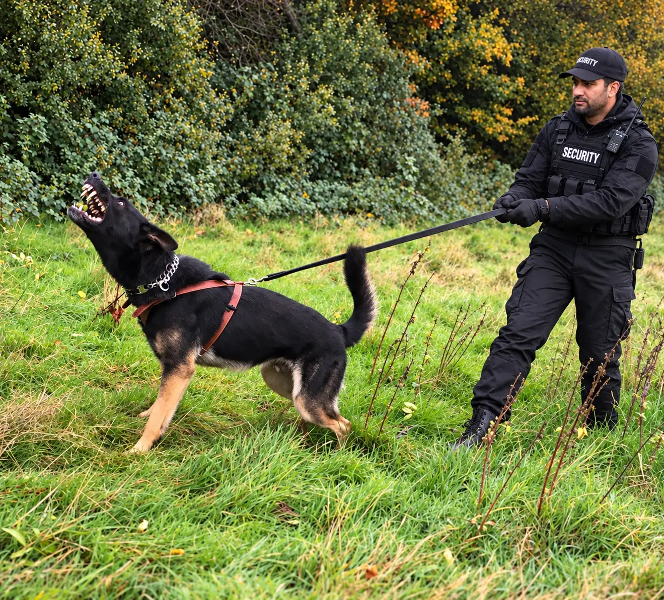 Security dog handler in black uniform with a German Shepherd on a lead during bark training in a field