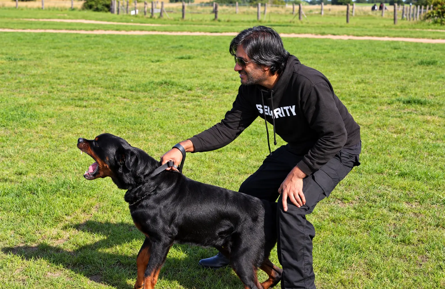 Dog handler crouching beside a Rottweiler on a training field